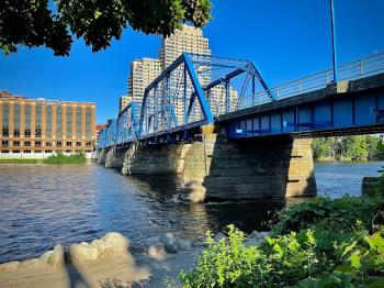 Picture of a beautiful blue bridge in Grand Rapids